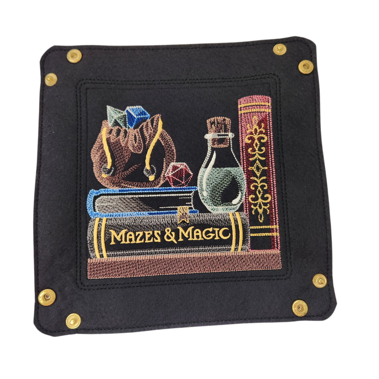 Large Embroidered dice tray with gamer bookshelf design.