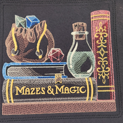 Large Embroidered dice tray with gamer bookshelf design.