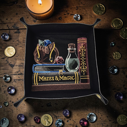 Large Embroidered dice tray with gamer bookshelf design.