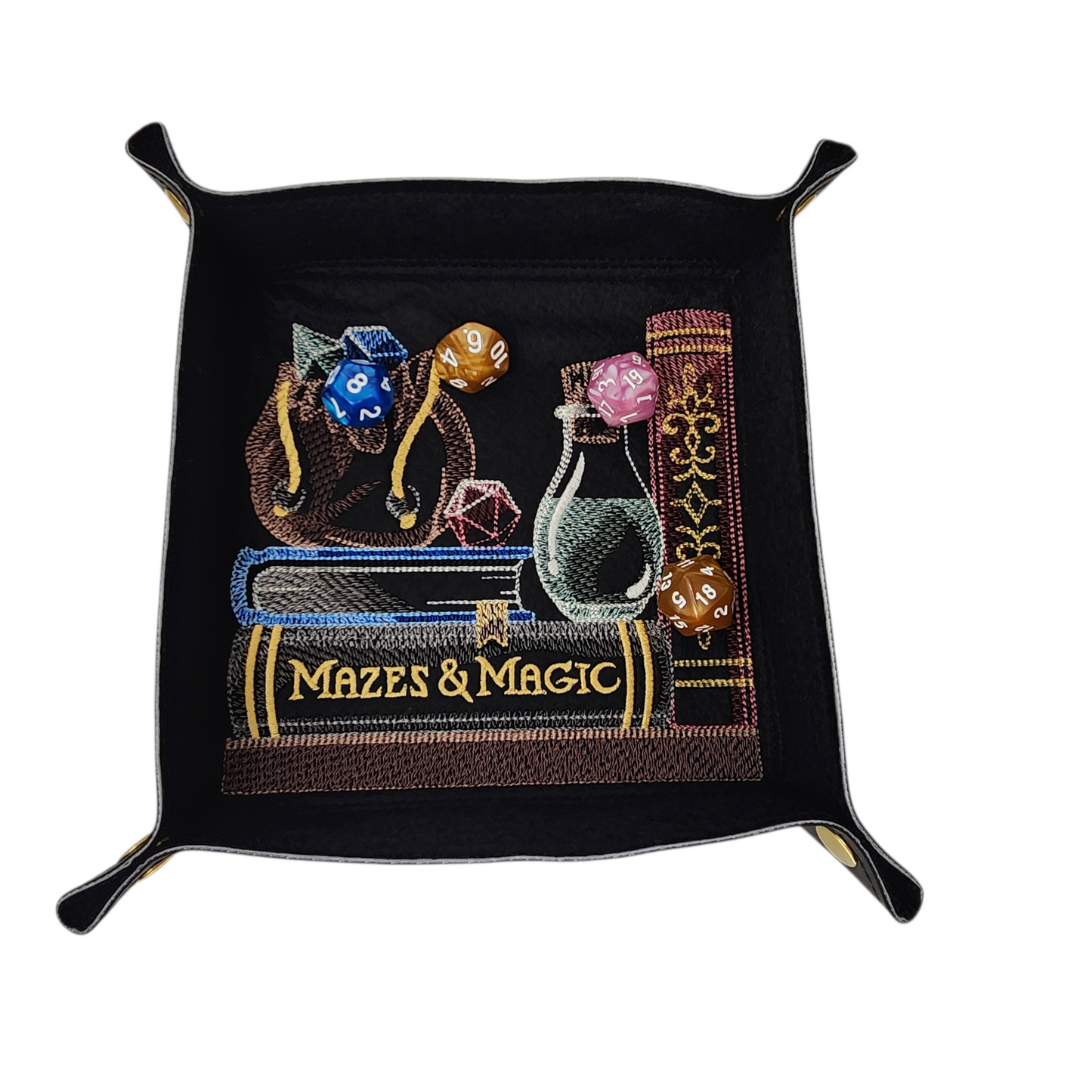 Large Embroidered dice tray with gamer bookshelf design.