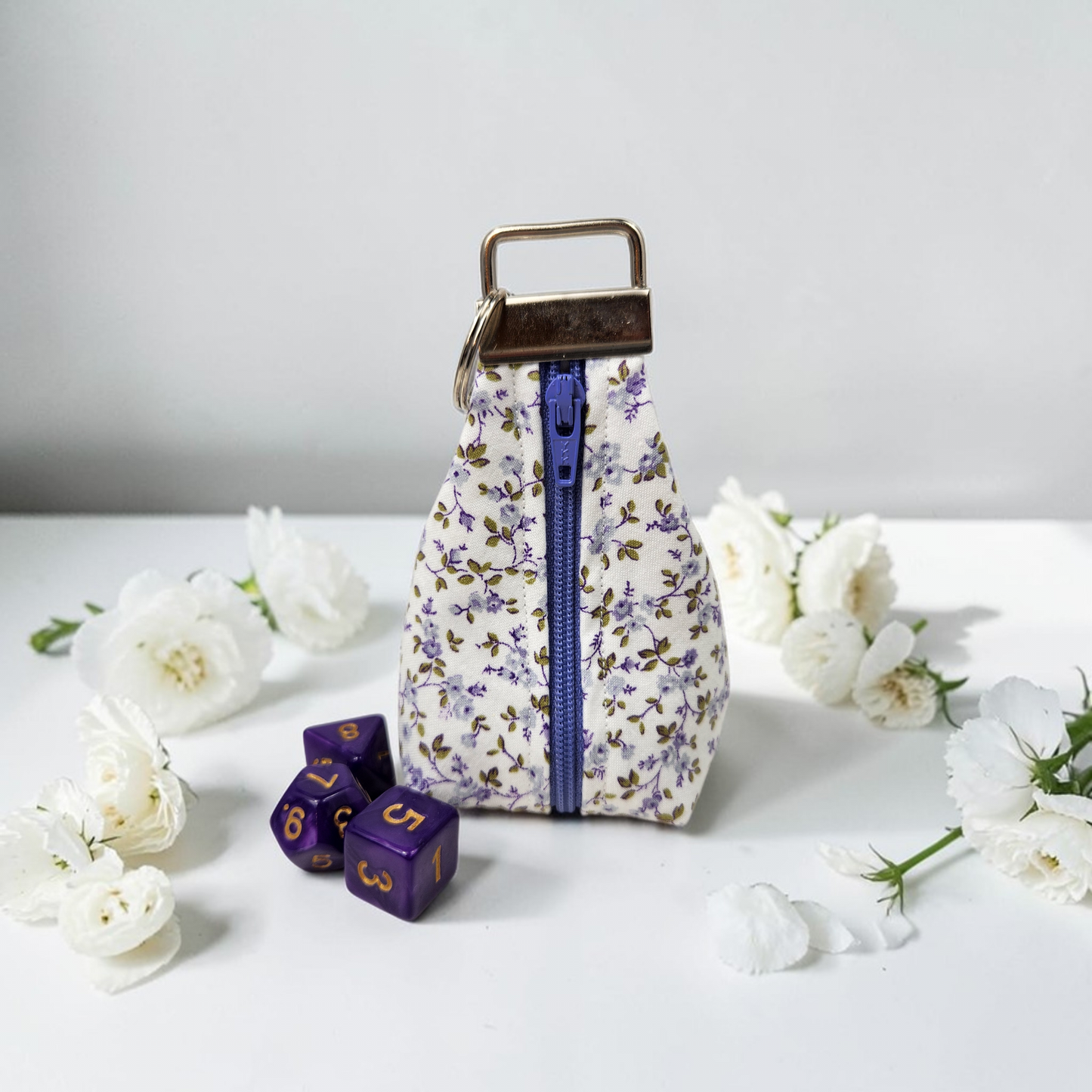Keychain dice pouch, delicate purple flower design