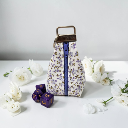 Keychain dice pouch, delicate purple flower design
