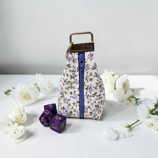 Keychain dice pouch, delicate purple flower design