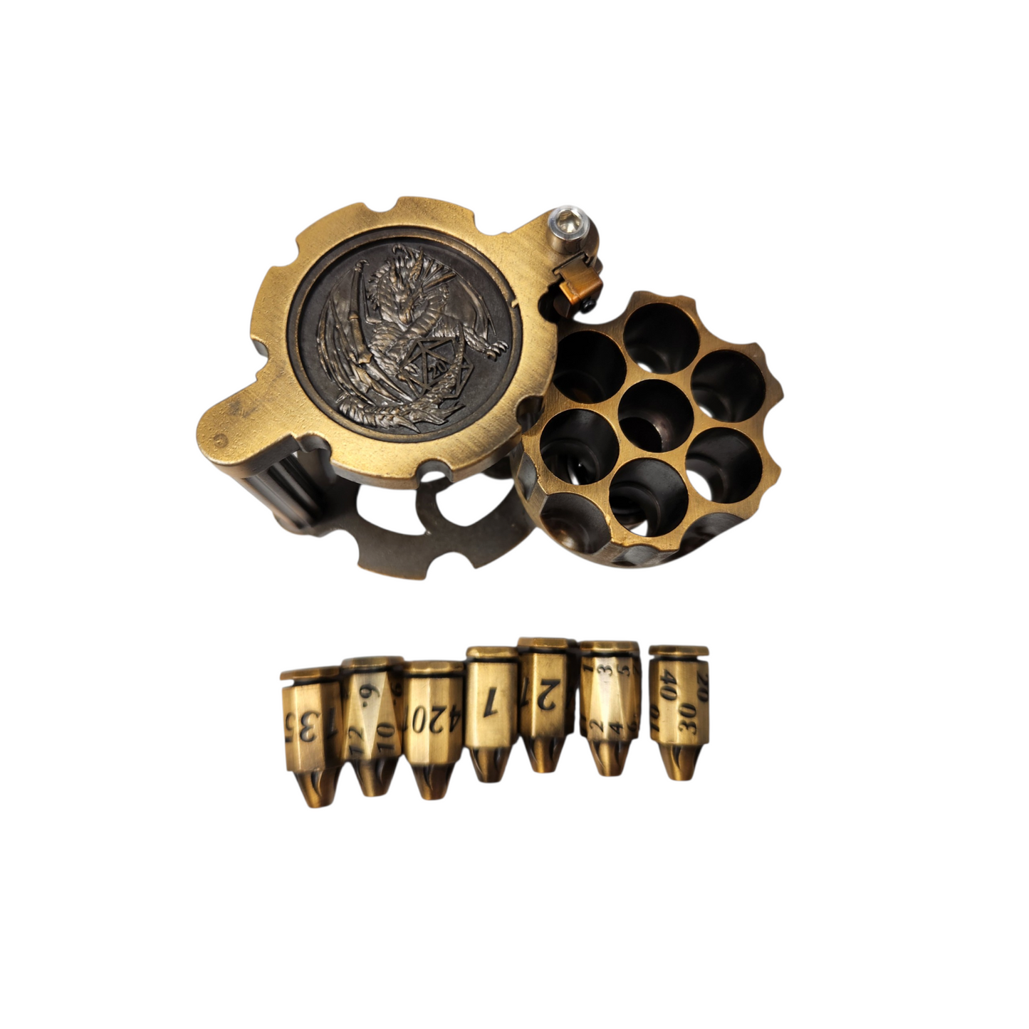 Revolver dice holder with bullet dice-Antique Gold