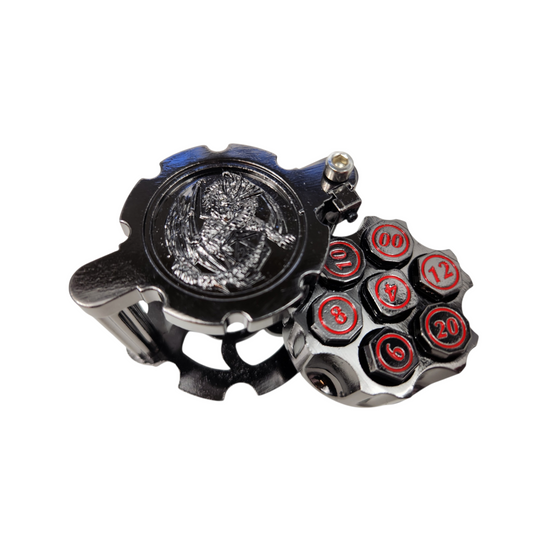 Revolver dice holder with bullet dice- gunmetal
