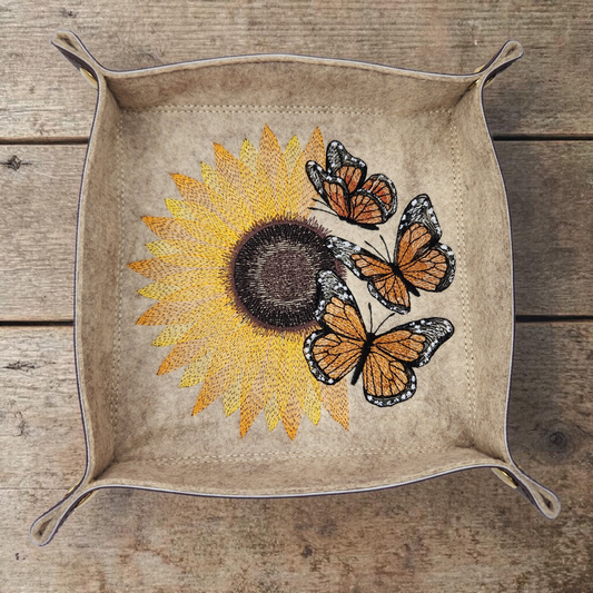 Collapsible Dice Rolling Tray, Embroidered sunflower and Monarch butterfly design