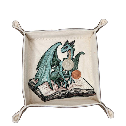 Green dragon sitting on spell book dice tray