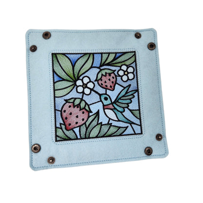 Hummingbird and strawberry dice tray, stained-glass design
