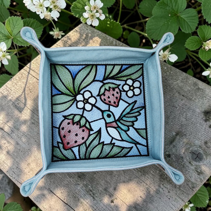 Hummingbird and strawberry dice tray, stained-glass design