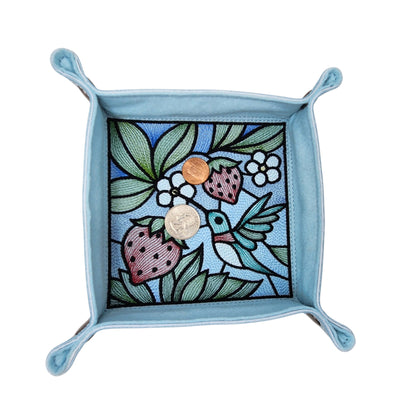 Hummingbird and strawberry dice tray, stained-glass design