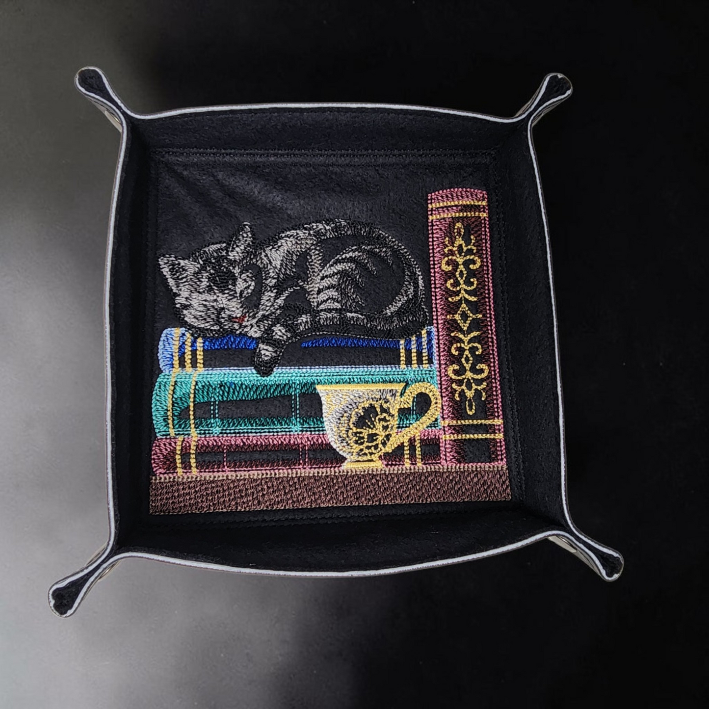 Collapsible Dice Rolling Tray, Cat and teacup dice tray