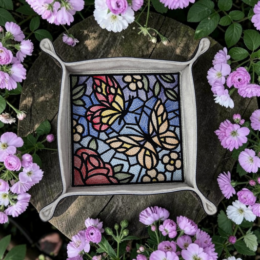 Butterfly and flower dice tray, stained glass design