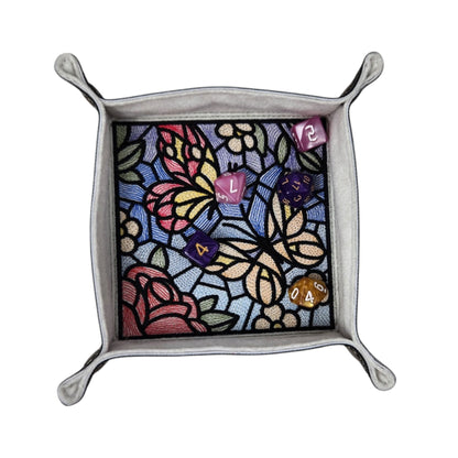 Butterfly and flower dice tray, stained glass design