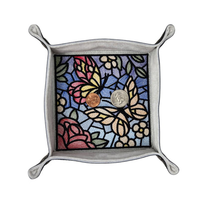 Butterfly and flower dice tray, stained glass design