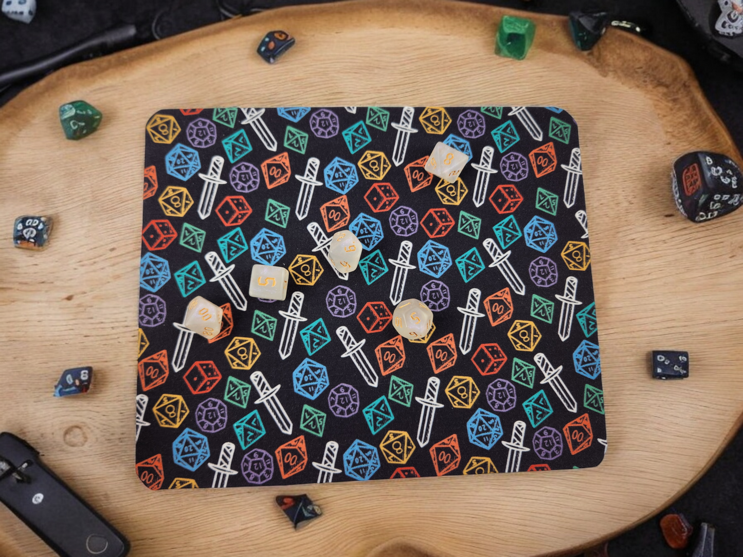 Colorful polyhedral dice and sword desk set, mouse pad, coaster