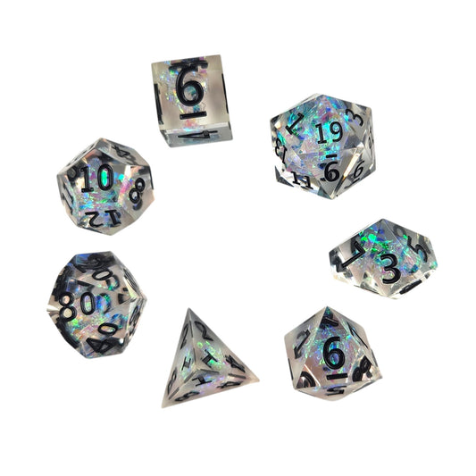 Clear dice with iridescent foil - black numbers - Sharp Resin - Rowan Gate