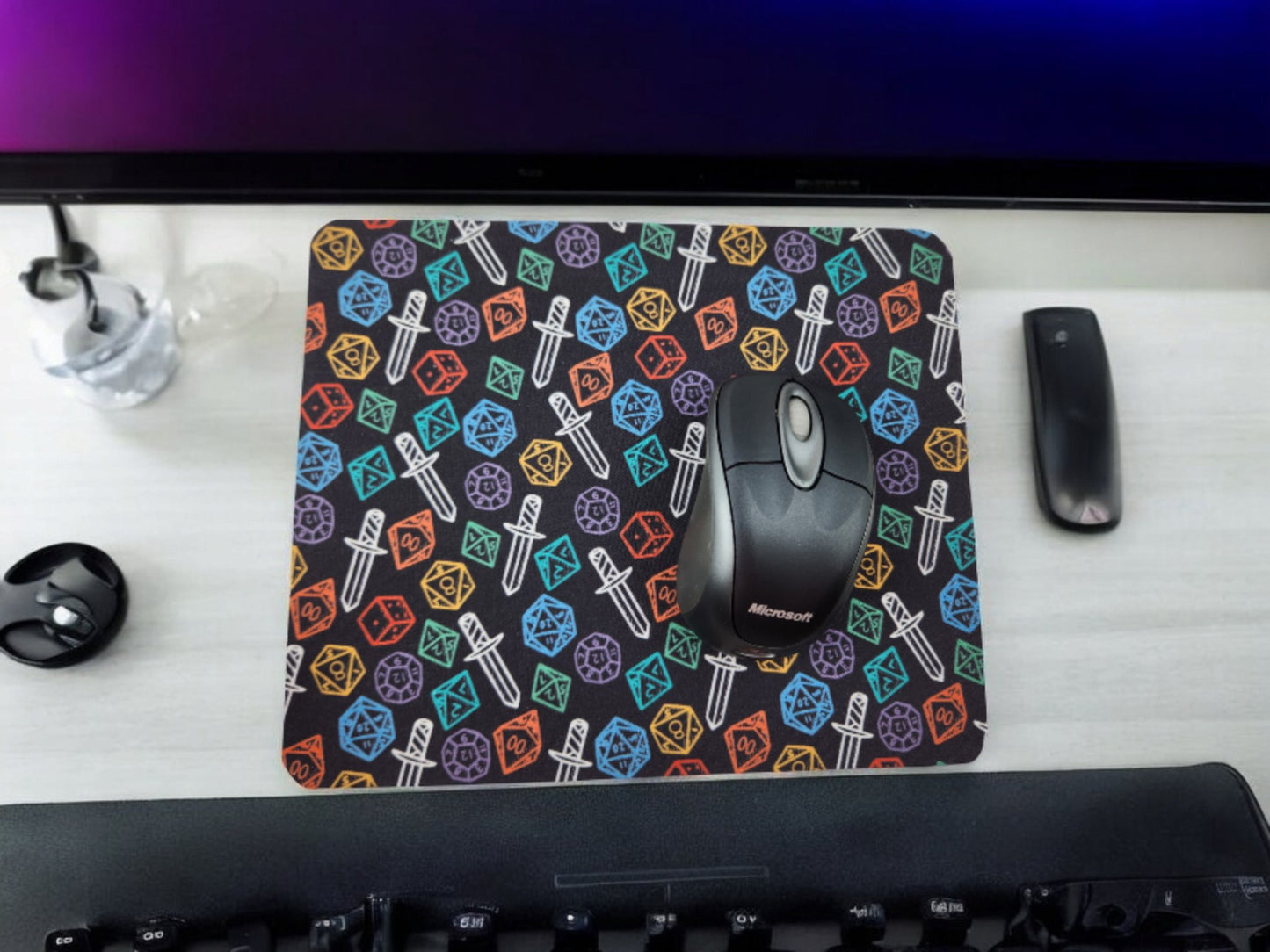 Colorful polyhedral dice and sword desk set, mouse pad, coaster - Rowan Gate