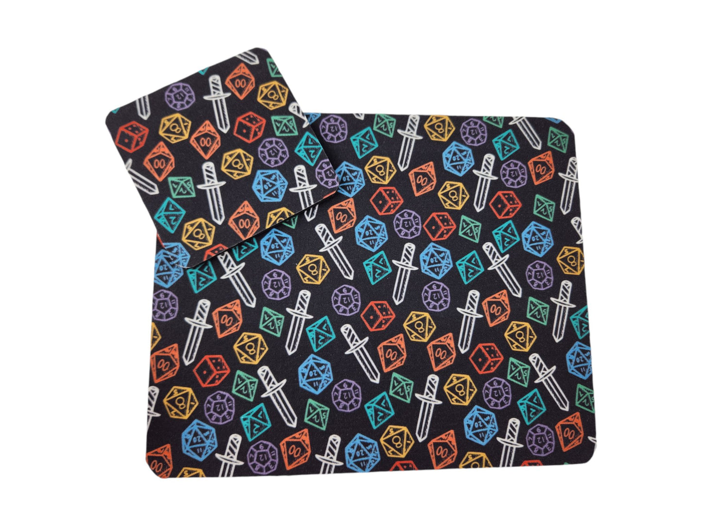 Colorful polyhedral dice and sword desk set, mouse pad, coaster - Rowan Gate