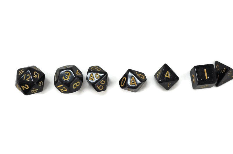 dnd mini dice set, black and gold - Rowan Gate