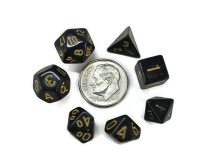 dnd mini dice set, black and gold - Rowan Gate