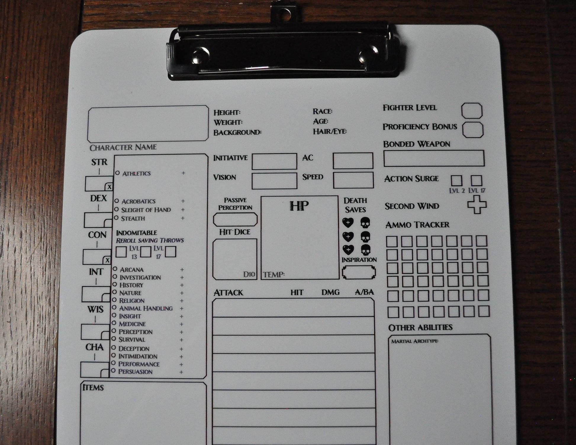 Eldritch Knight Character Sheet on a dry erase clipboard - Rowan Gate