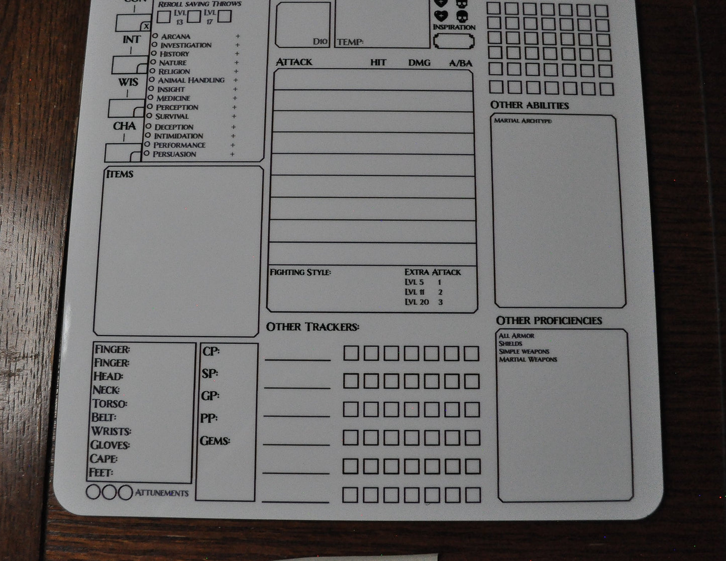 Eldritch Knight Character Sheet on a dry erase clipboard - Rowan Gate