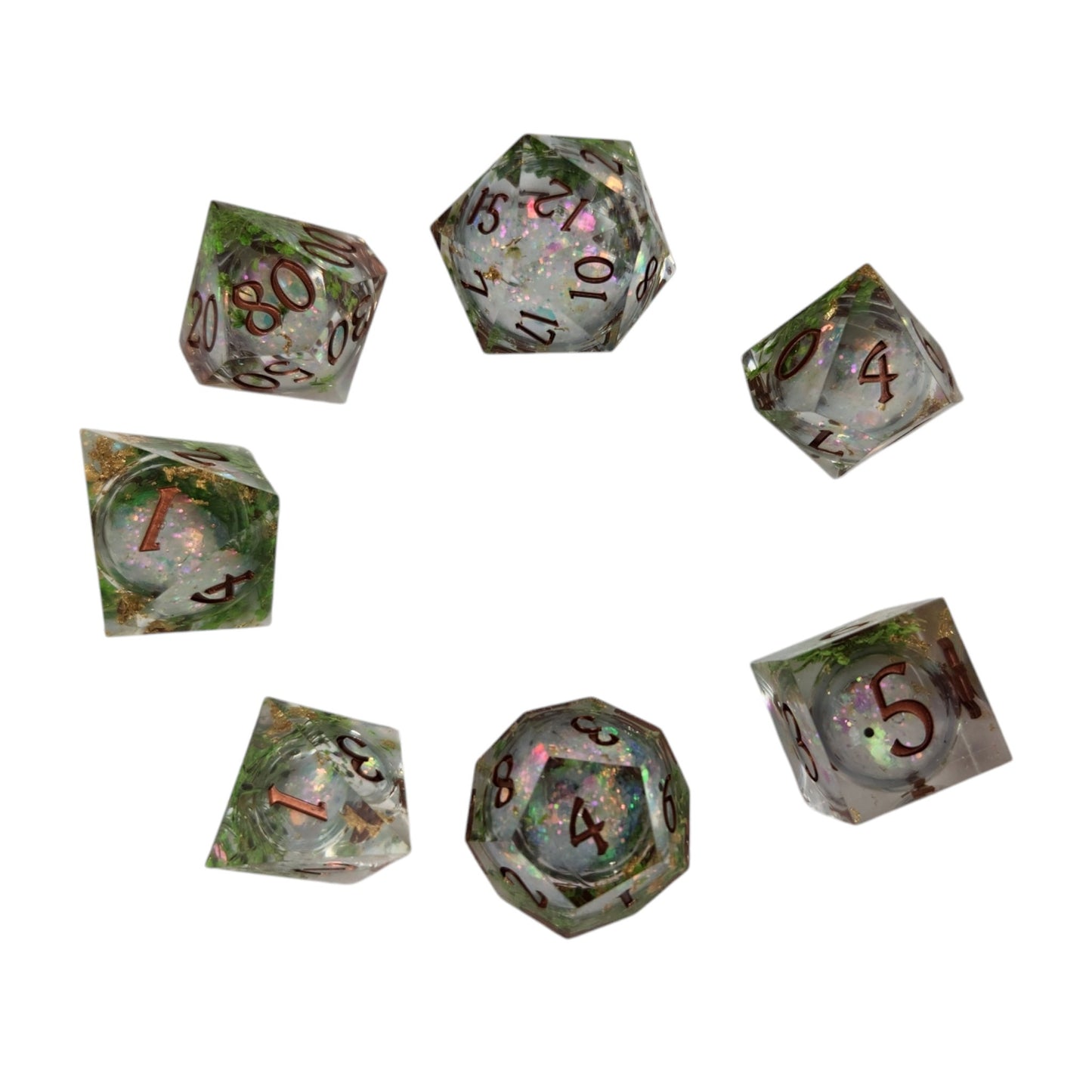 Fairy Garden sharp edge resin dice/ sand and glitter liquid core - Rowan Gate