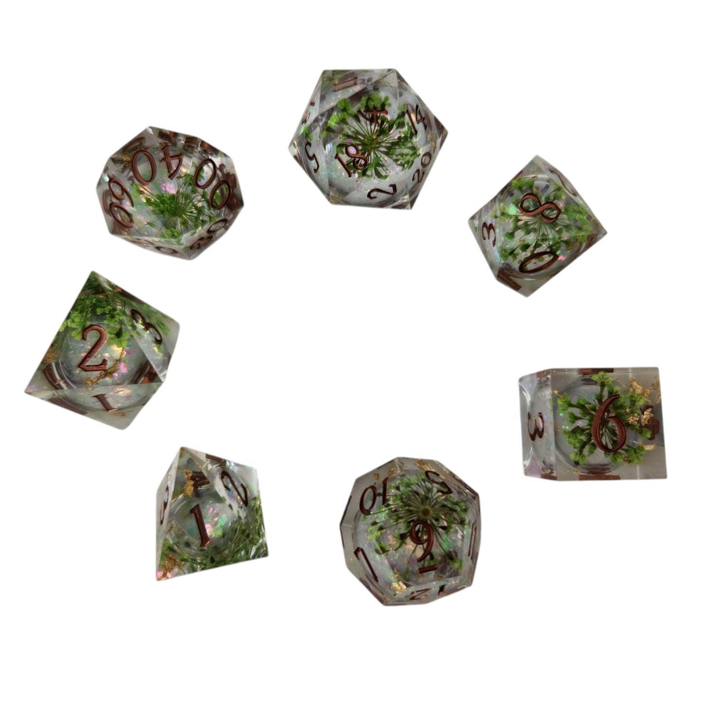 Fairy Garden sharp edge resin dice/ sand and glitter liquid core - Rowan Gate