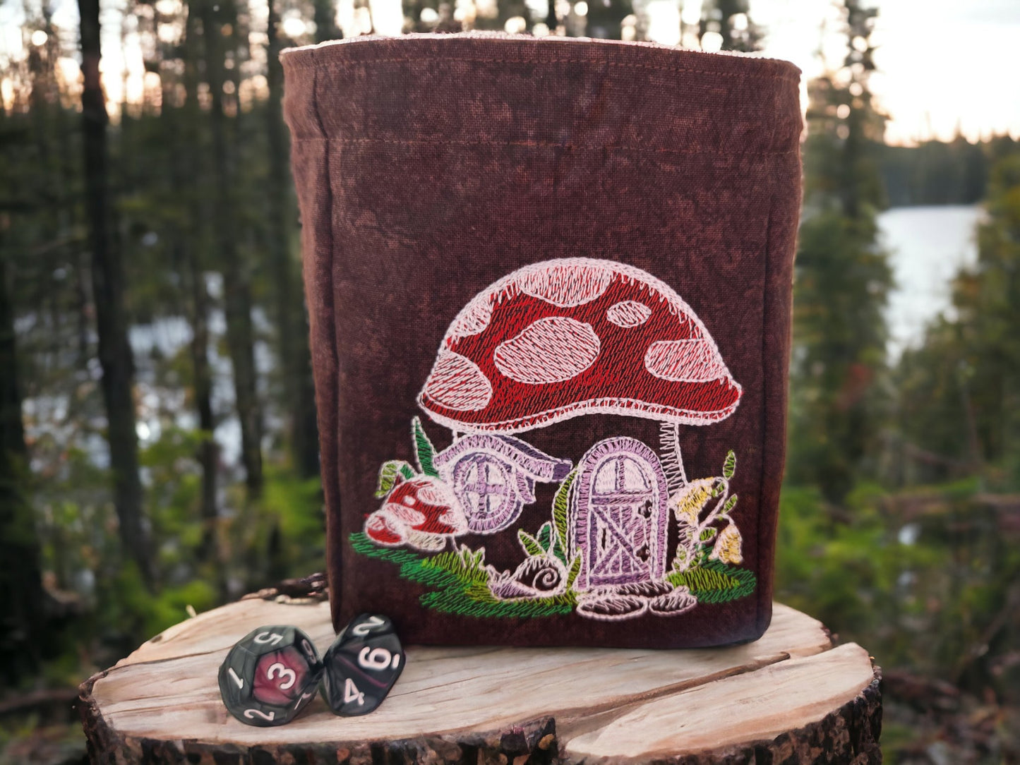 Fairy mushroom house dice bag/ extra large - Rowan Gate