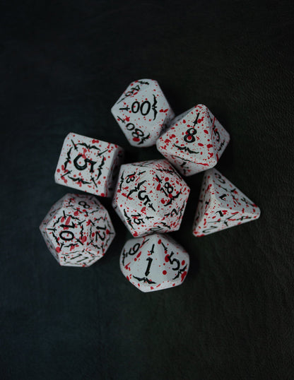 Metal White blood spatter Barbarian dice set - Rowan Gate