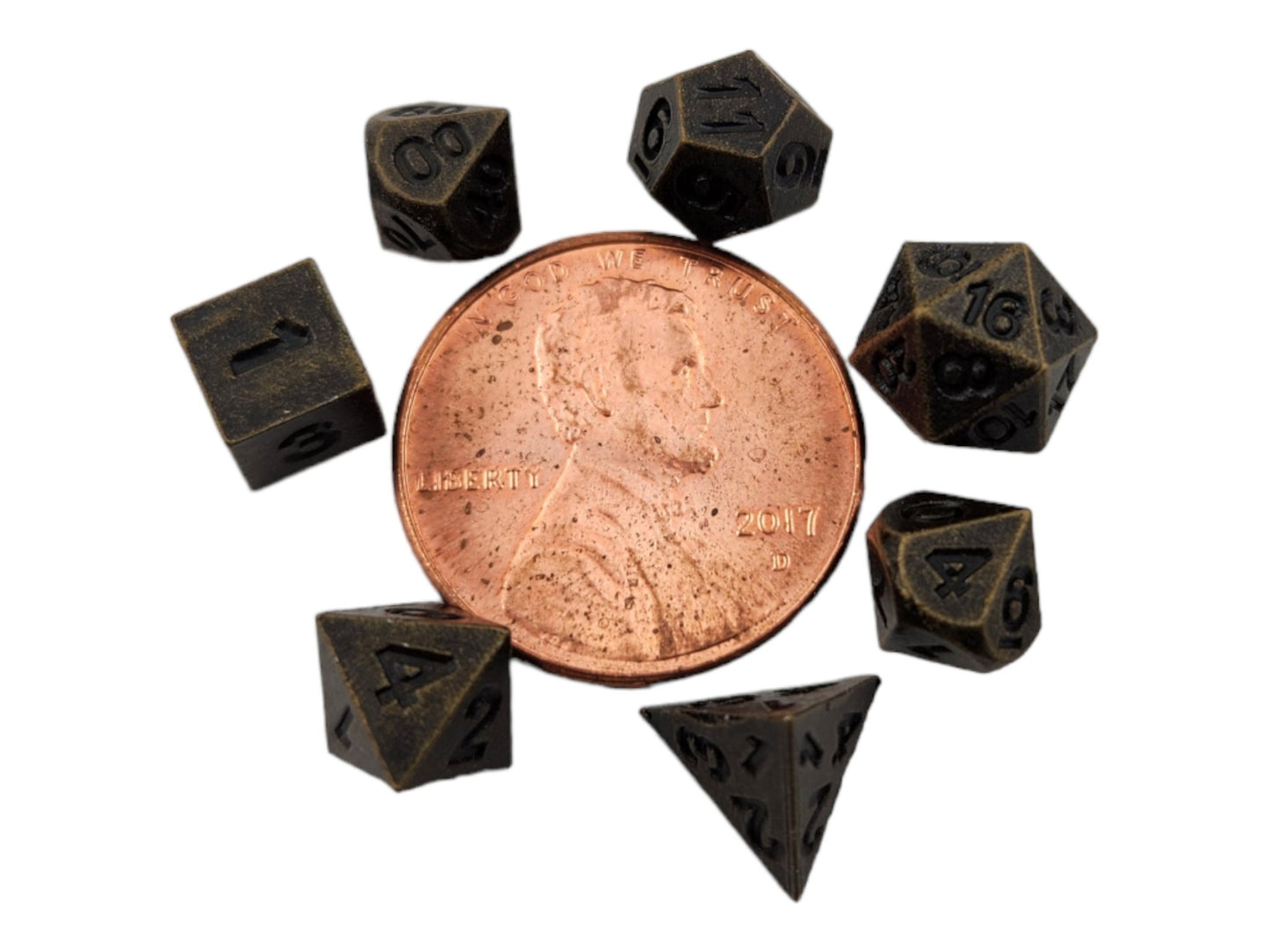 Micro metal dice in wood case - Rowan Gate
