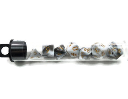 Mini dice set, black and white swirl - Rowan Gate