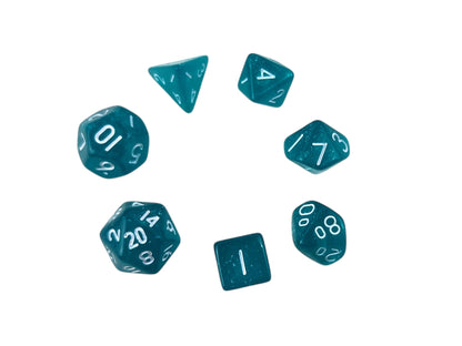 Mini drawstring bag with a set of mini dice, light teal with some glimmer. - Rowan Gate