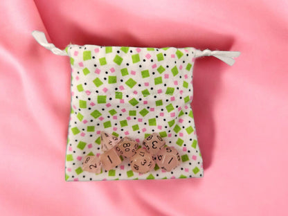 Mini drawstring bag with a set of mini dice, soft pink mini dice - Rowan Gate