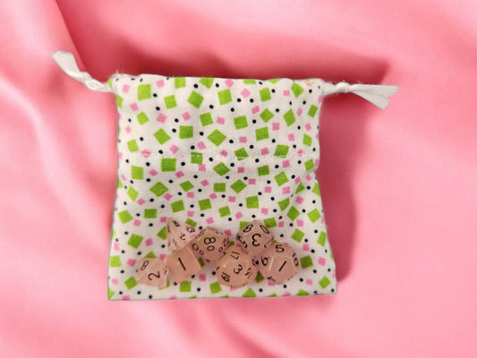 Mini drawstring bag with a set of mini dice, soft pink mini dice - Rowan Gate