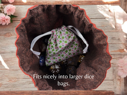 Mini drawstring bag with a set of mini dice, soft pink mini dice - Rowan Gate