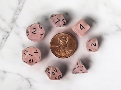 Mini drawstring bag with a set of mini dice, soft pink mini dice - Rowan Gate