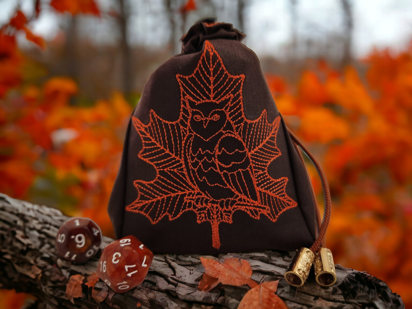 Owl and leaf dice bag - Rowan Gate