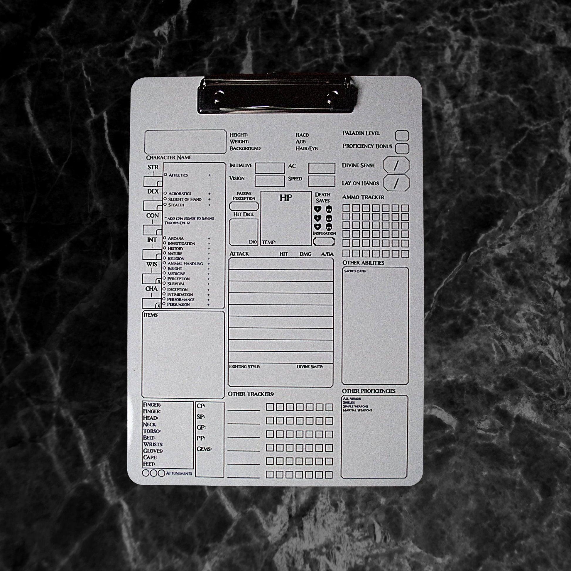 Paladin Character Sheet on a dry erase clipboard - Rowan Gate