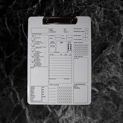 Paladin Character Sheet on a dry erase clipboard - Rowan Gate