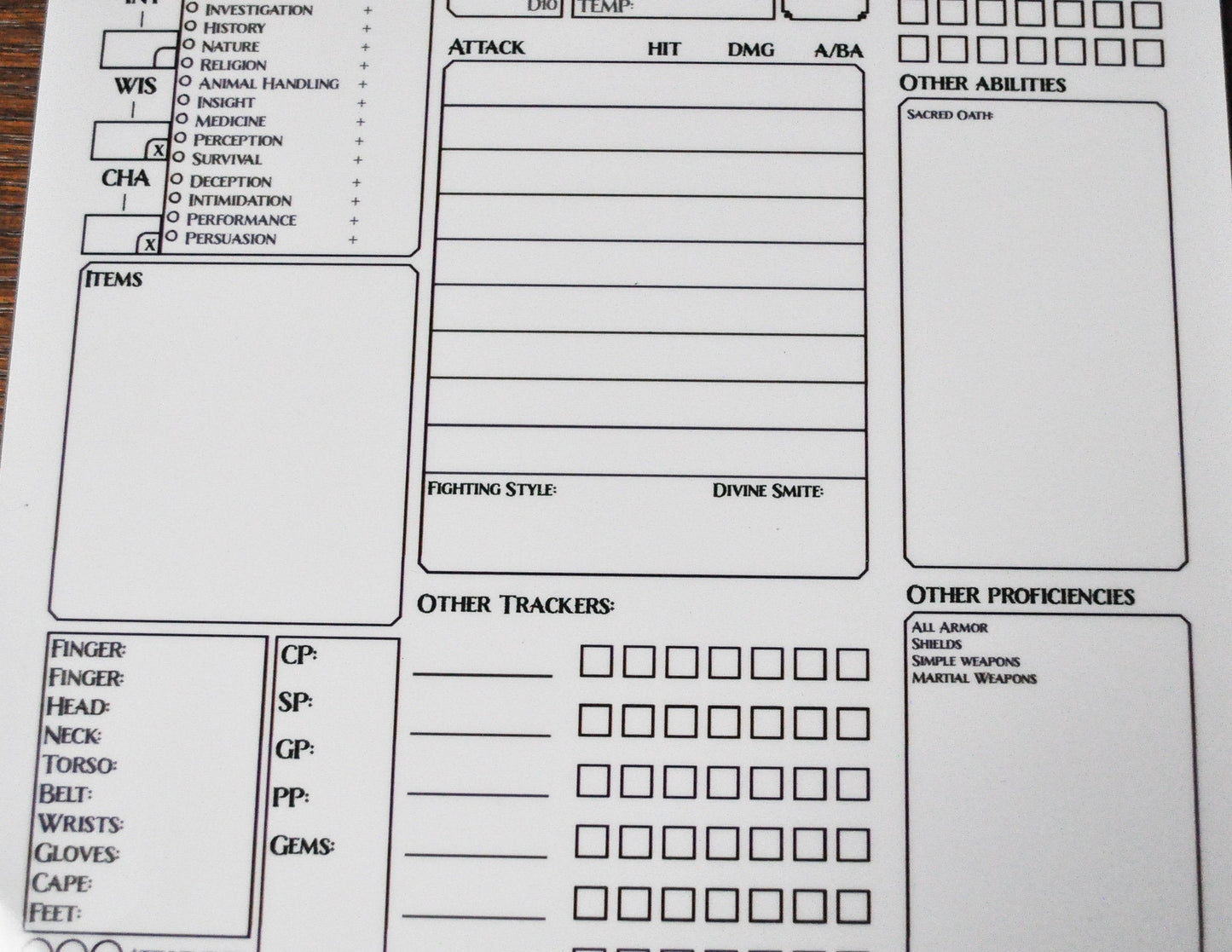 Paladin Character Sheet on a dry erase clipboard - Rowan Gate