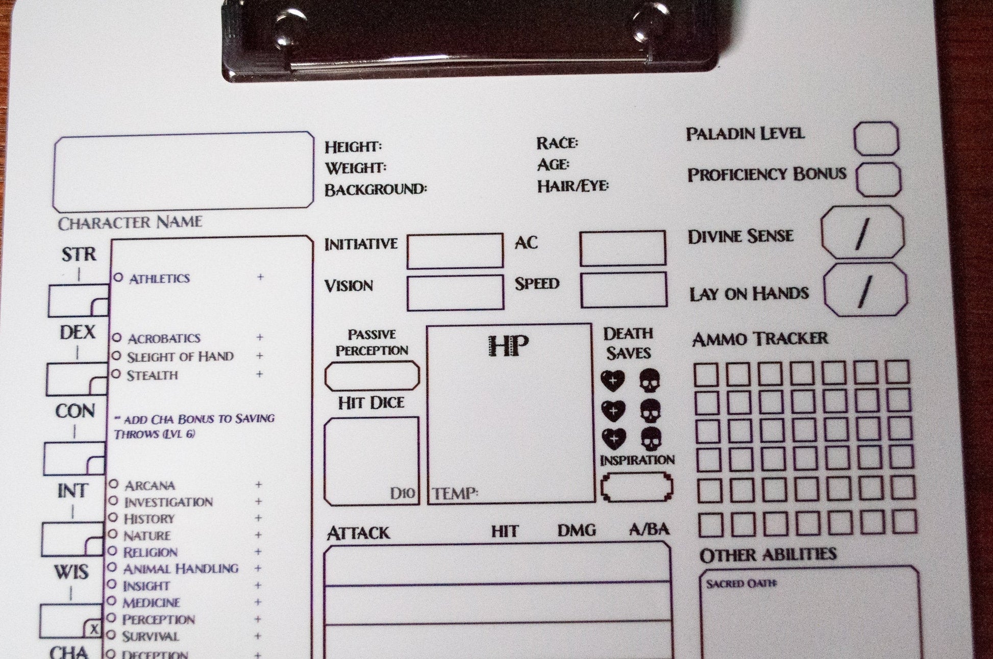 Paladin Character Sheet on a dry erase clipboard - Rowan Gate