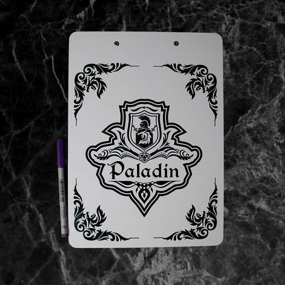 Paladin Character Sheet on a dry erase clipboard - Rowan Gate