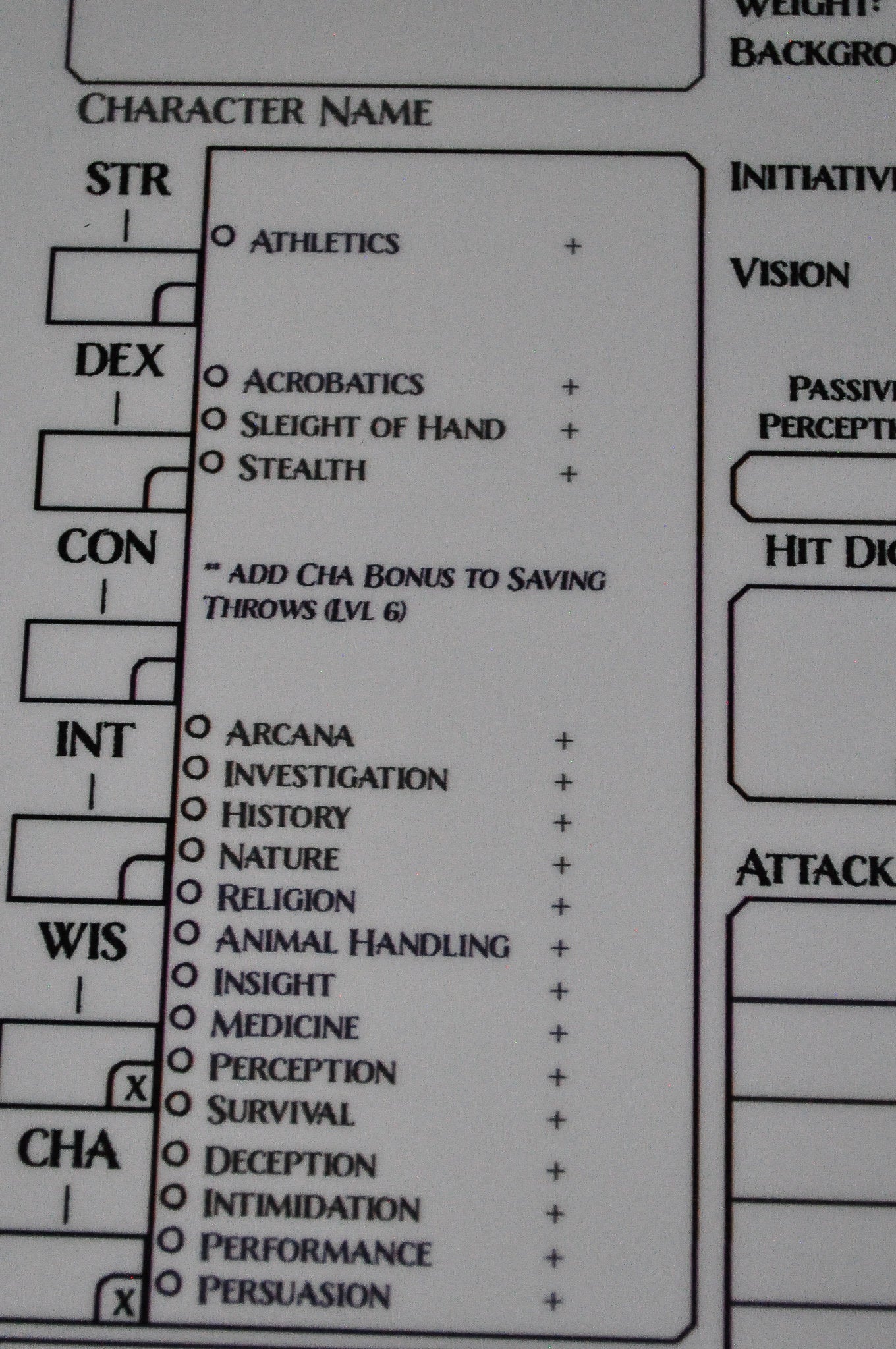 Paladin Character Sheet on a dry erase clipboard - Rowan Gate