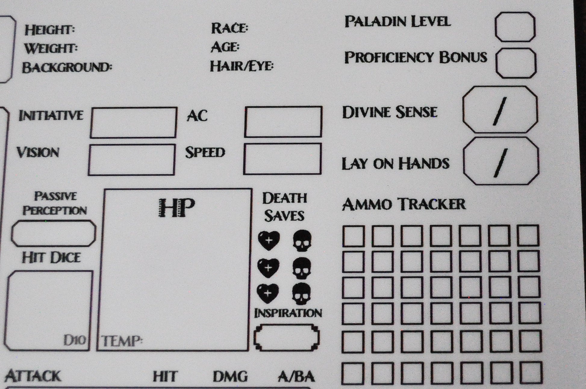 Paladin Character Sheet on a dry erase clipboard - Rowan Gate