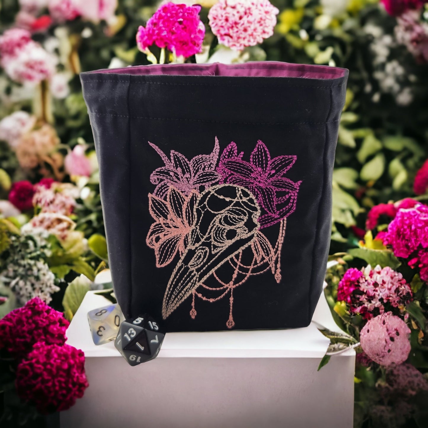 Raven skull and floral dice bag - Rowan Gate