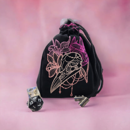 Raven skull and floral dice bag - Rowan Gate