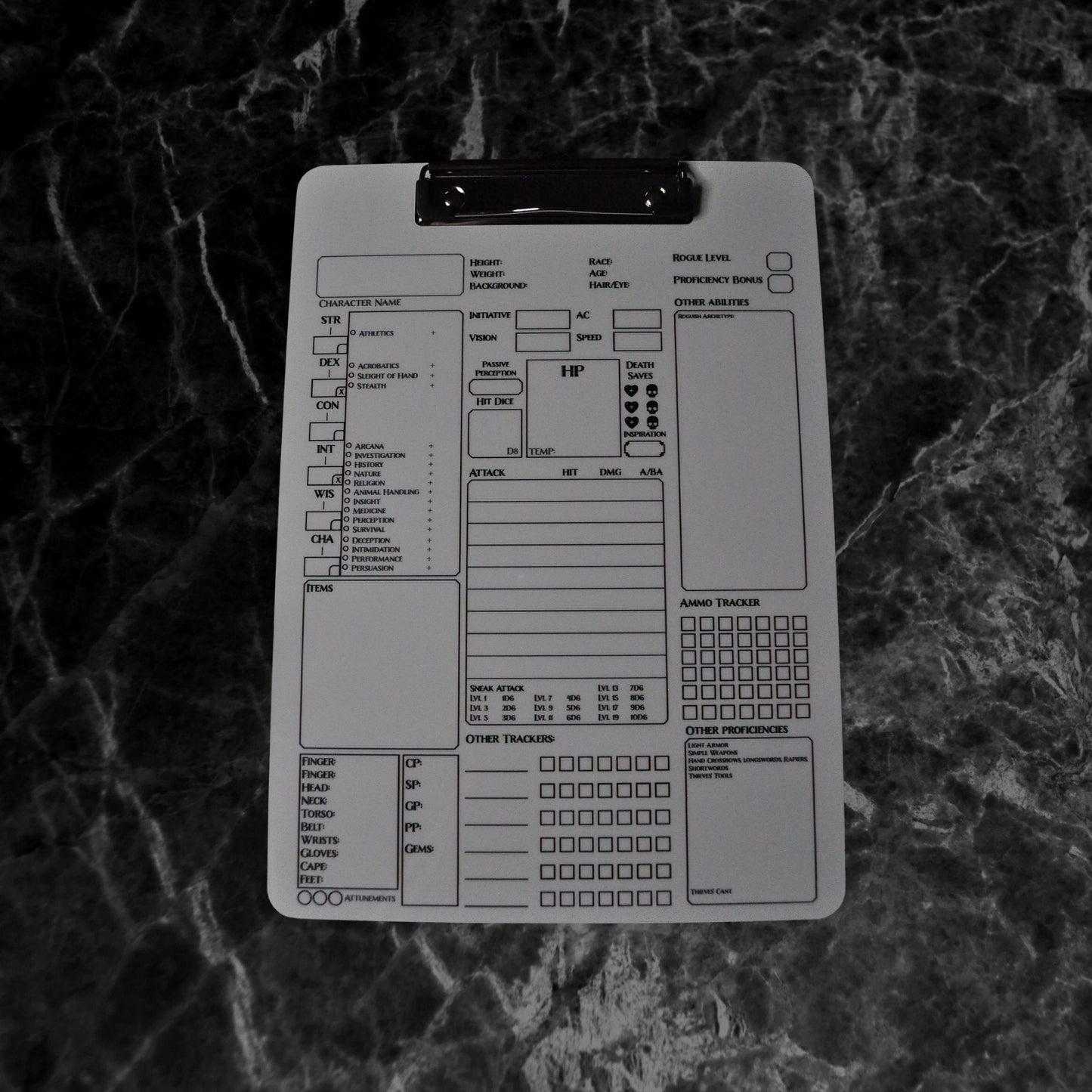 Rogue Character Sheet on a dry erase clipboard - Rowan Gate