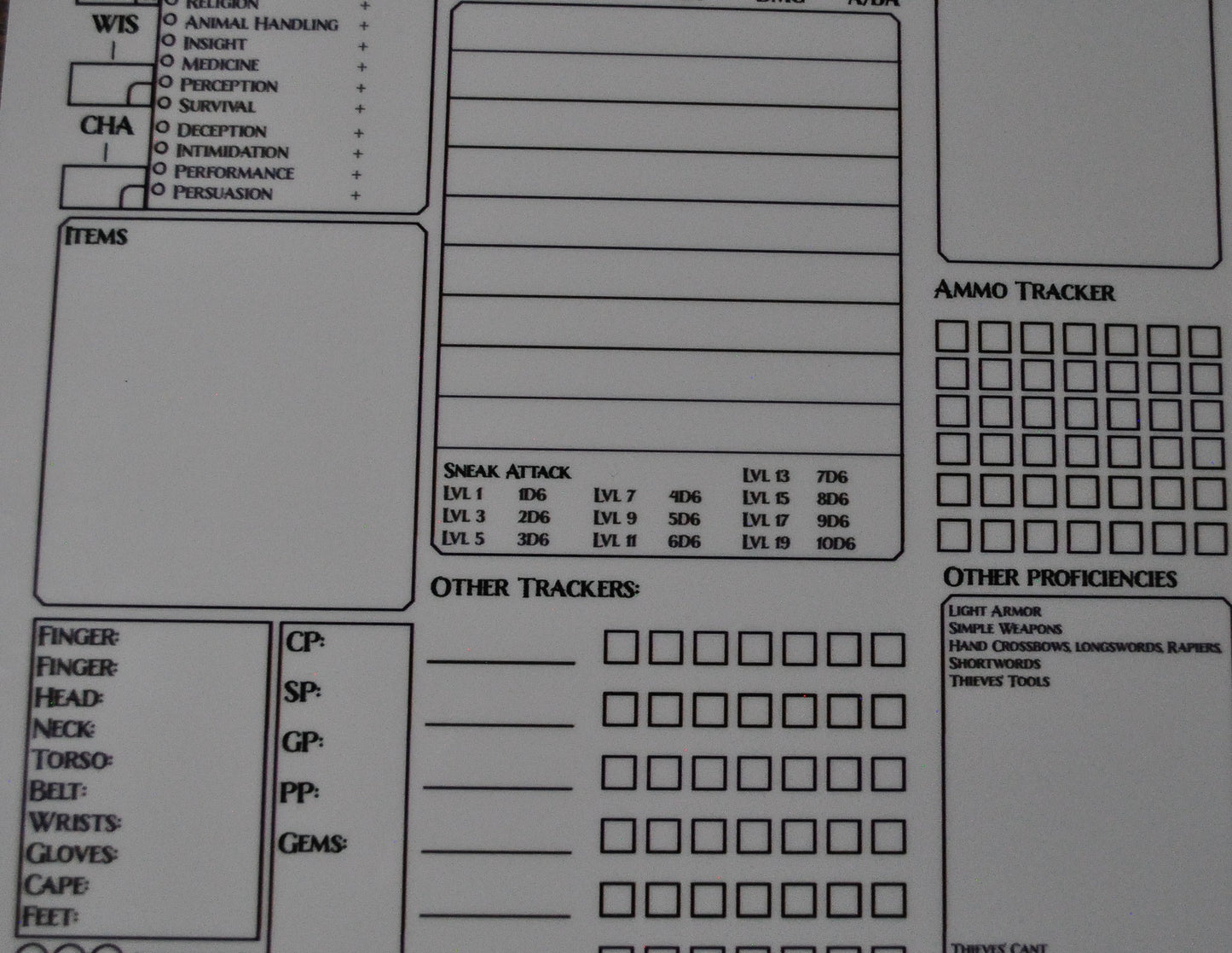 Rogue Character Sheet on a dry erase clipboard - Rowan Gate