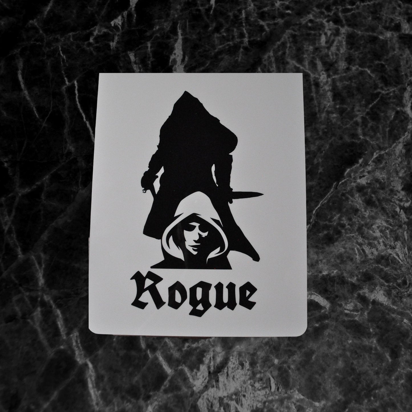 Rogue Character Sheet on a dry erase clipboard - Rowan Gate